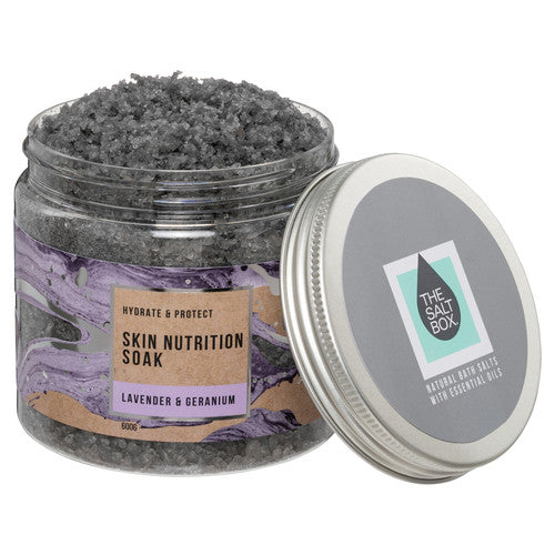 Skin Nutrition Bath Soak 600g Gift Jar Bath salts with Lavender and Geranium Essential Oils open